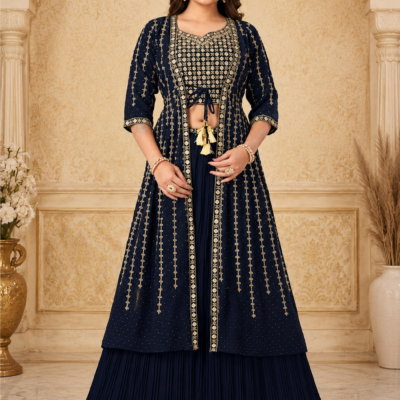 Navy Blue Gold Embroidered Indo-Western Lehenga Set