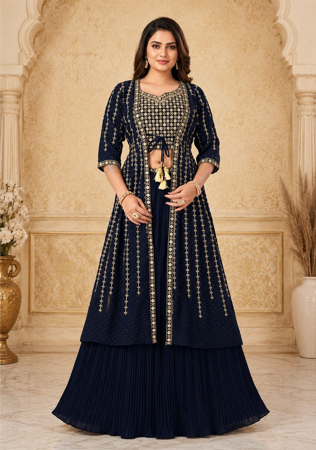Navy Blue Gold Embroidered Indo-Western Lehenga Set