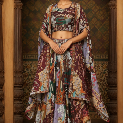 Multicolor Floral Printed Lehenga Set with Cape Dupatta