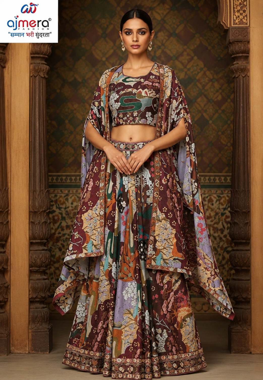 Multicolor Floral Printed Lehenga Set with Cape Dupatta