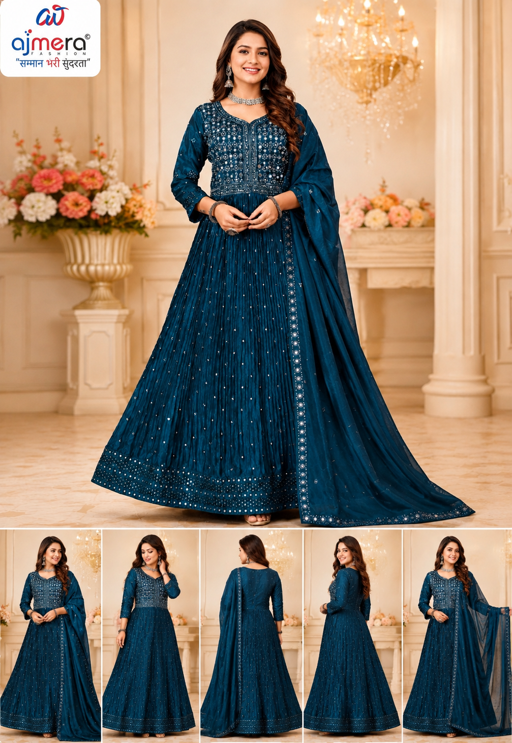 Teal Blue Embellished Anarkali Suit with Dupatta - Image 2