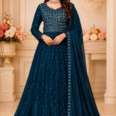Teal Blue Embellished Anarkali Suit with Dupatta