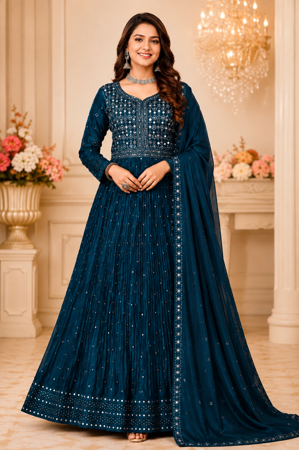Teal Blue Embellished Anarkali Suit with Dupatta