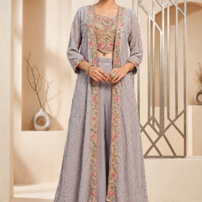 Lavender Grey Embroidered Indo-Western Palazzo Set