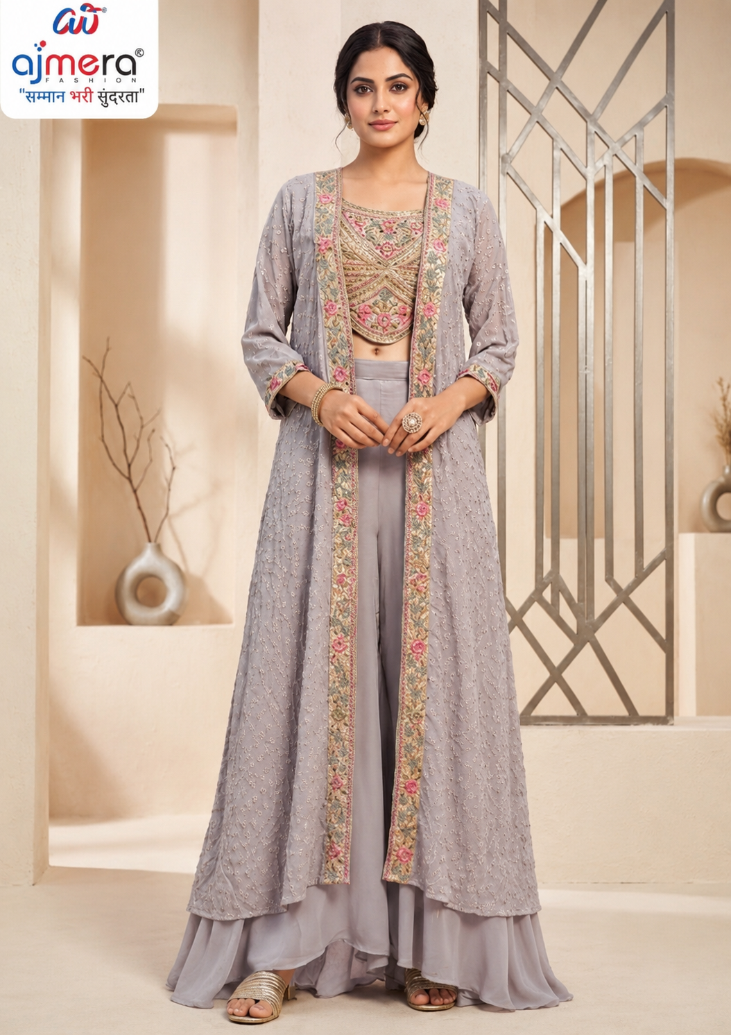 Lavender Grey Embroidered Indo-Western Palazzo Set