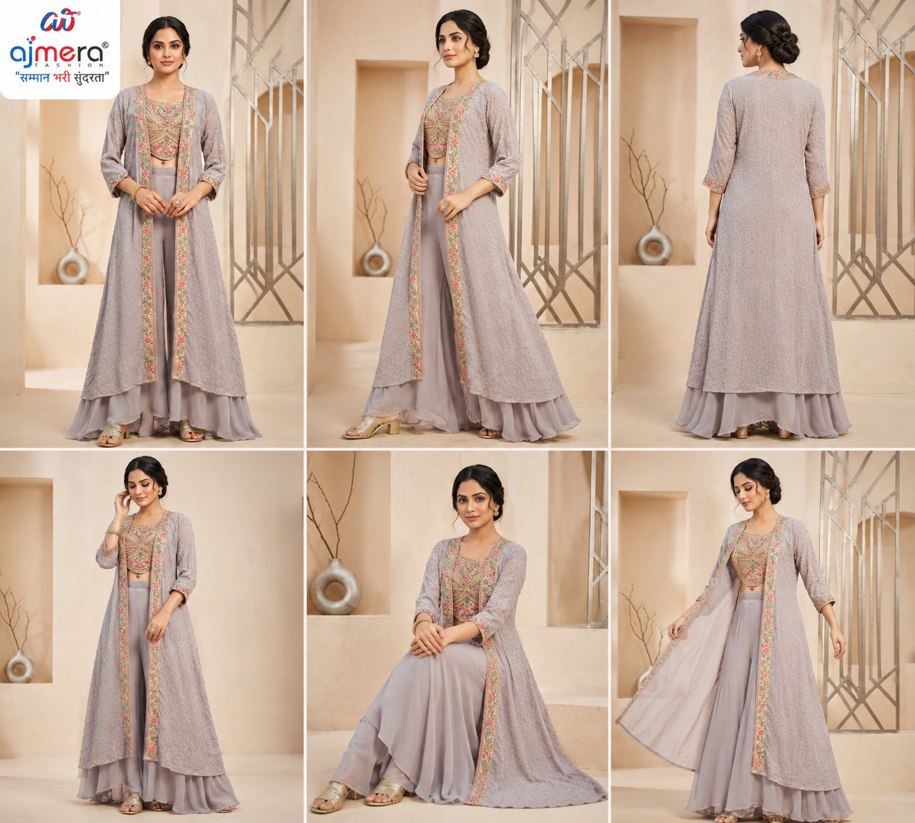Lavender Grey Embroidered Indo-Western Palazzo Set - Image 2