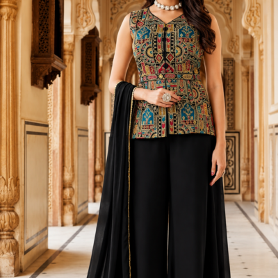 Multicolor Printed Peplum Top & Black Palazzo Set with Dupatta