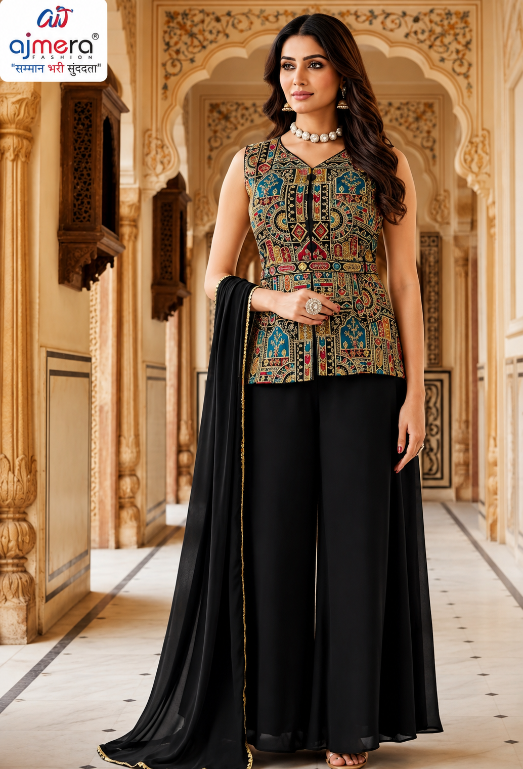 Multicolor Printed Peplum Top & Black Palazzo Set with Dupatta