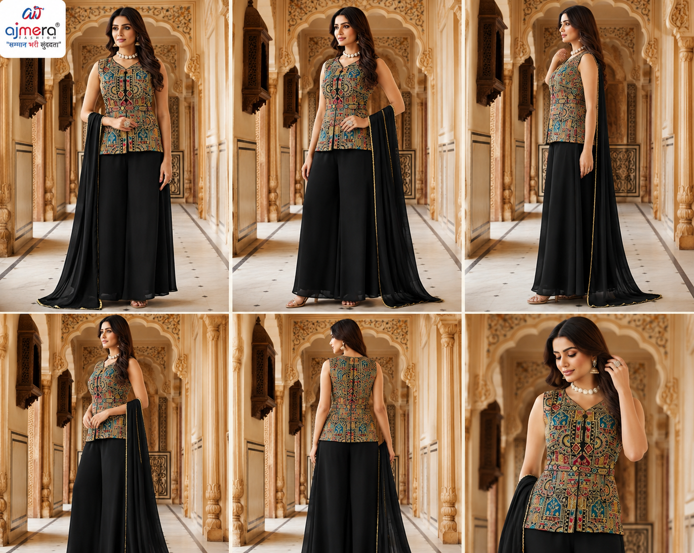 Multicolor Printed Peplum Top & Black Palazzo Set with Dupatta - Image 2