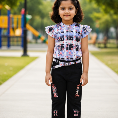 Girls Floral Printed Ruffle Top with Black Capri Pant Set