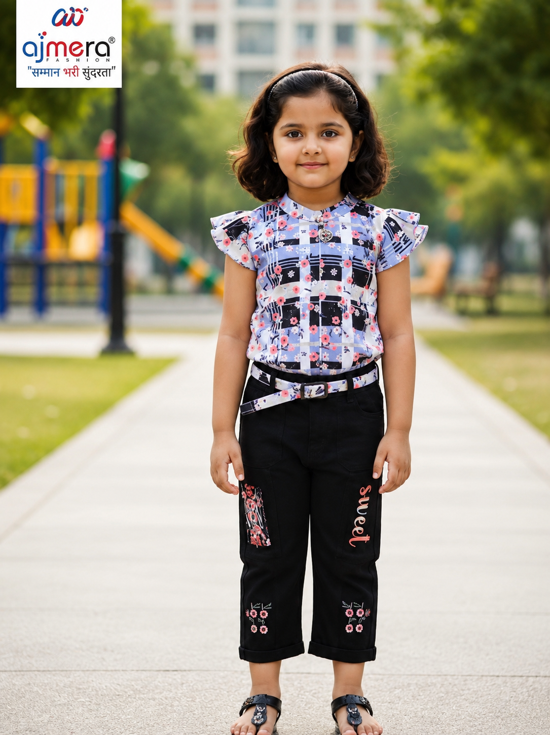 Girls Floral Printed Ruffle Top with Black Capri Pant Set