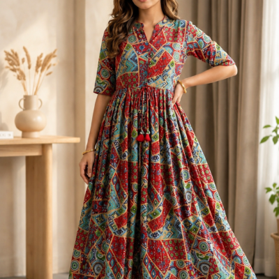 Multicolor Printed Flared Maxi Dress with Tassel Waist Tie