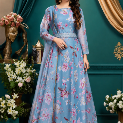 Sky Blue Floral Printed Anarkali Suit with Dupatta