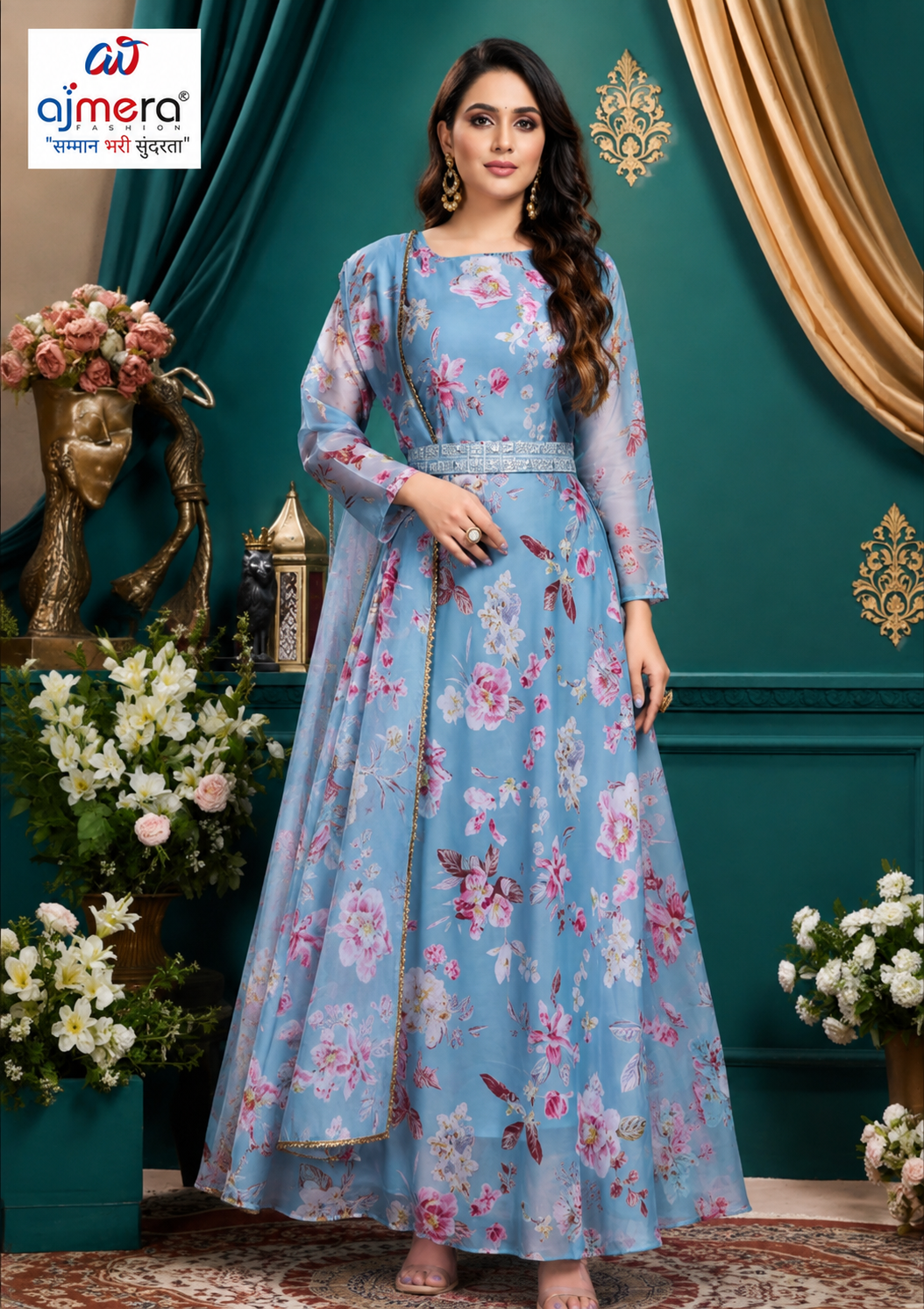 Sky Blue Floral Printed Anarkali Suit with Dupatta