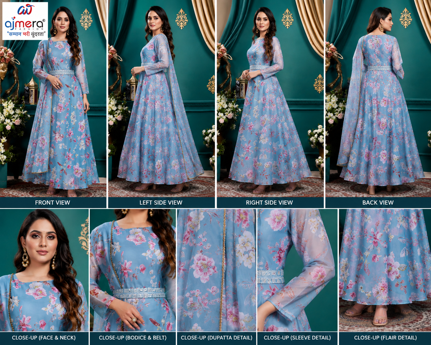 Sky Blue Floral Printed Anarkali Suit with Dupatta - Image 2
