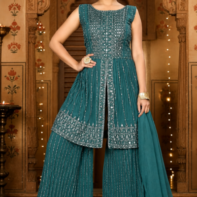 Teal Green Embroidered Sharara Suit Set with Dupatta