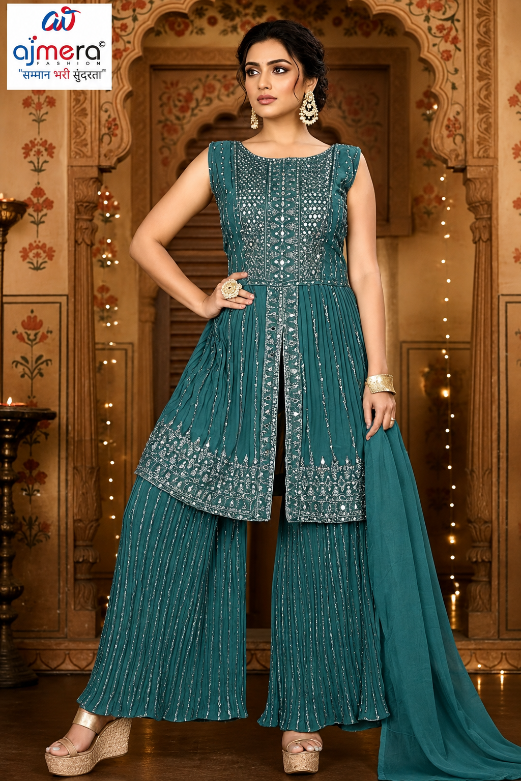 Teal Green Embroidered Sharara Suit Set with Dupatta