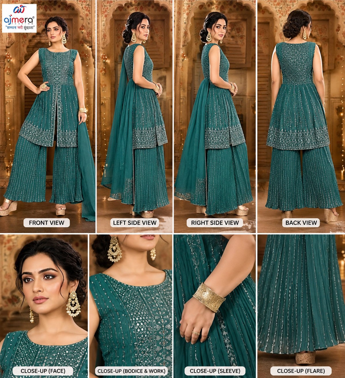 Teal Green Embroidered Sharara Suit Set with Dupatta - Image 2