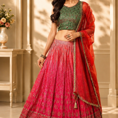 Green & Pink Embroidered Lehenga Choli with Dupatta