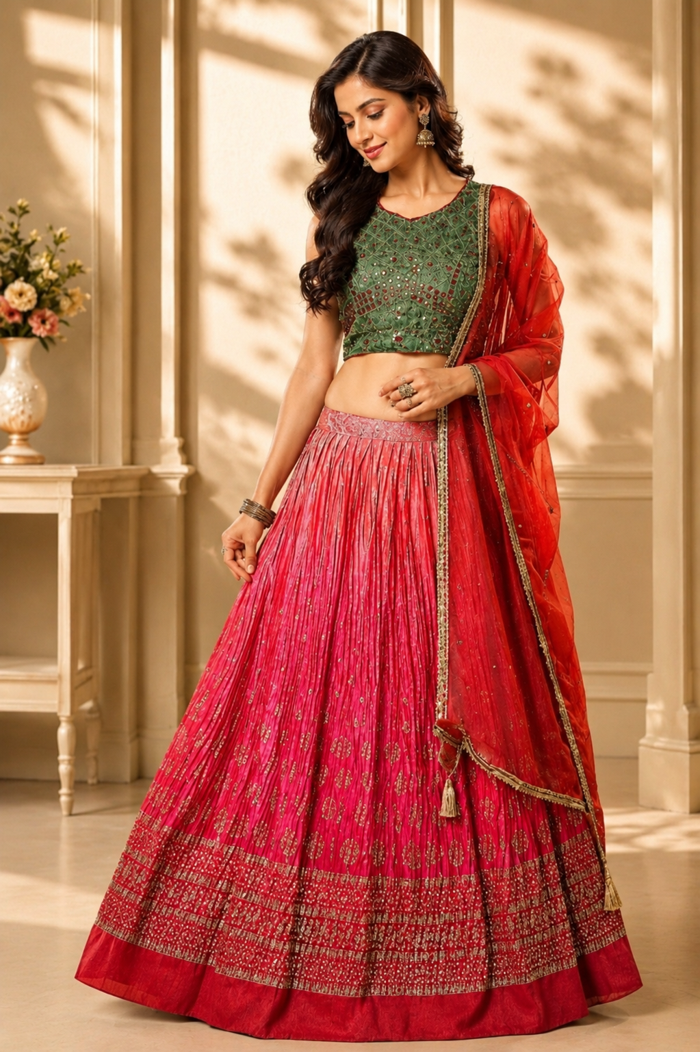 Green & Pink Embroidered Lehenga Choli with Dupatta