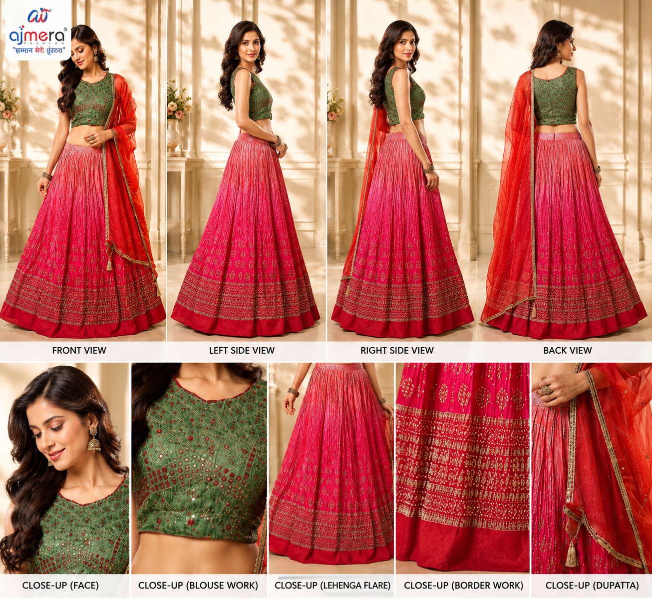 Green & Pink Embroidered Lehenga Choli with Dupatta - Image 2