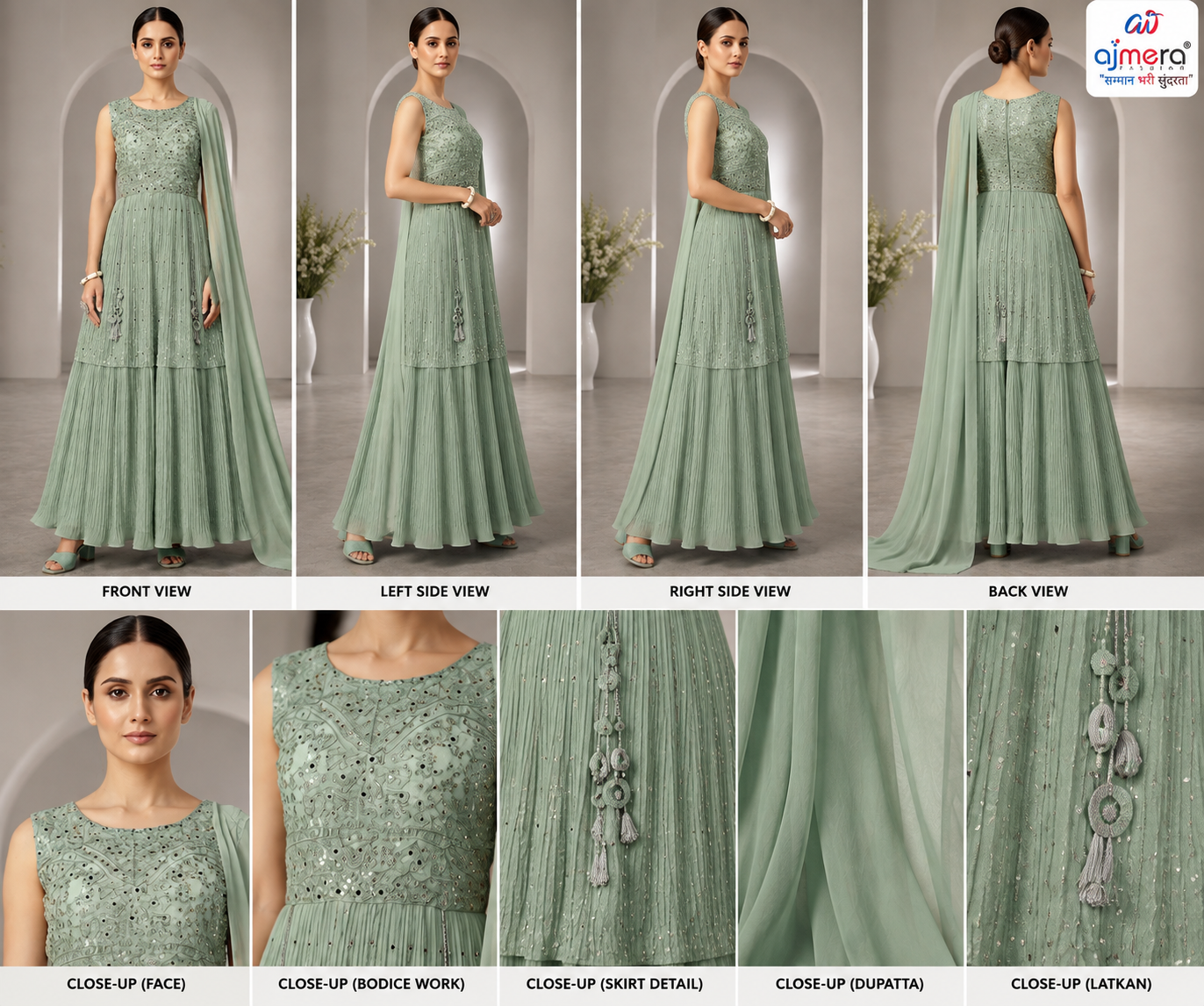 Pastel Sage Green Embroidered Anarkali Suit with Dupatta - Image 2