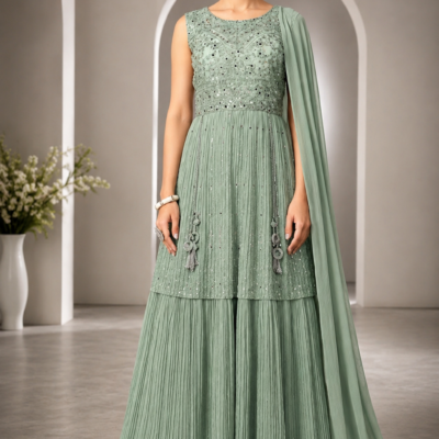 Pastel Sage Green Embroidered Anarkali Suit with Dupatta