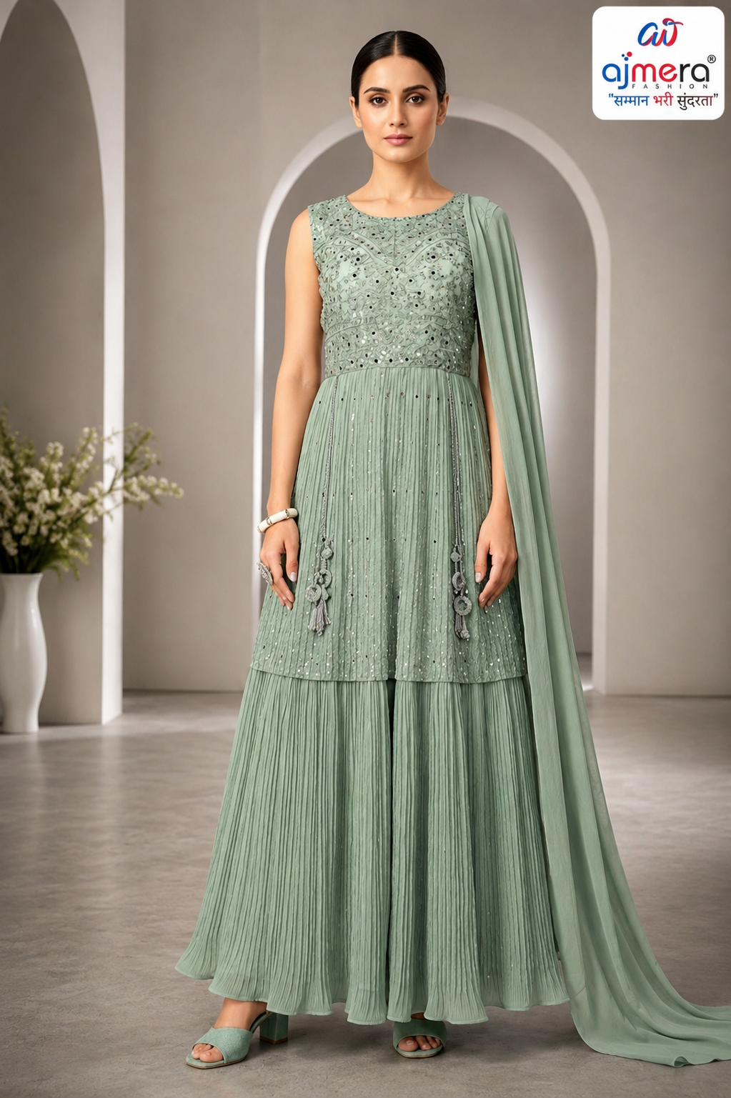 Pastel Sage Green Embroidered Anarkali Suit with Dupatta