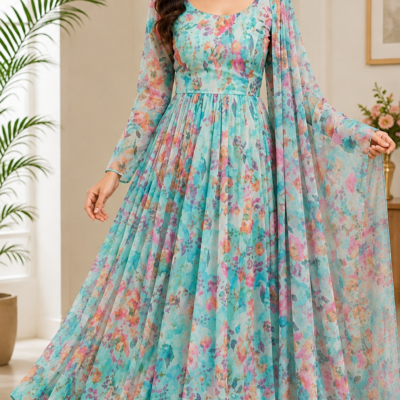 Aqua Blue Floral Printed Anarkali Suit with Dupatta
