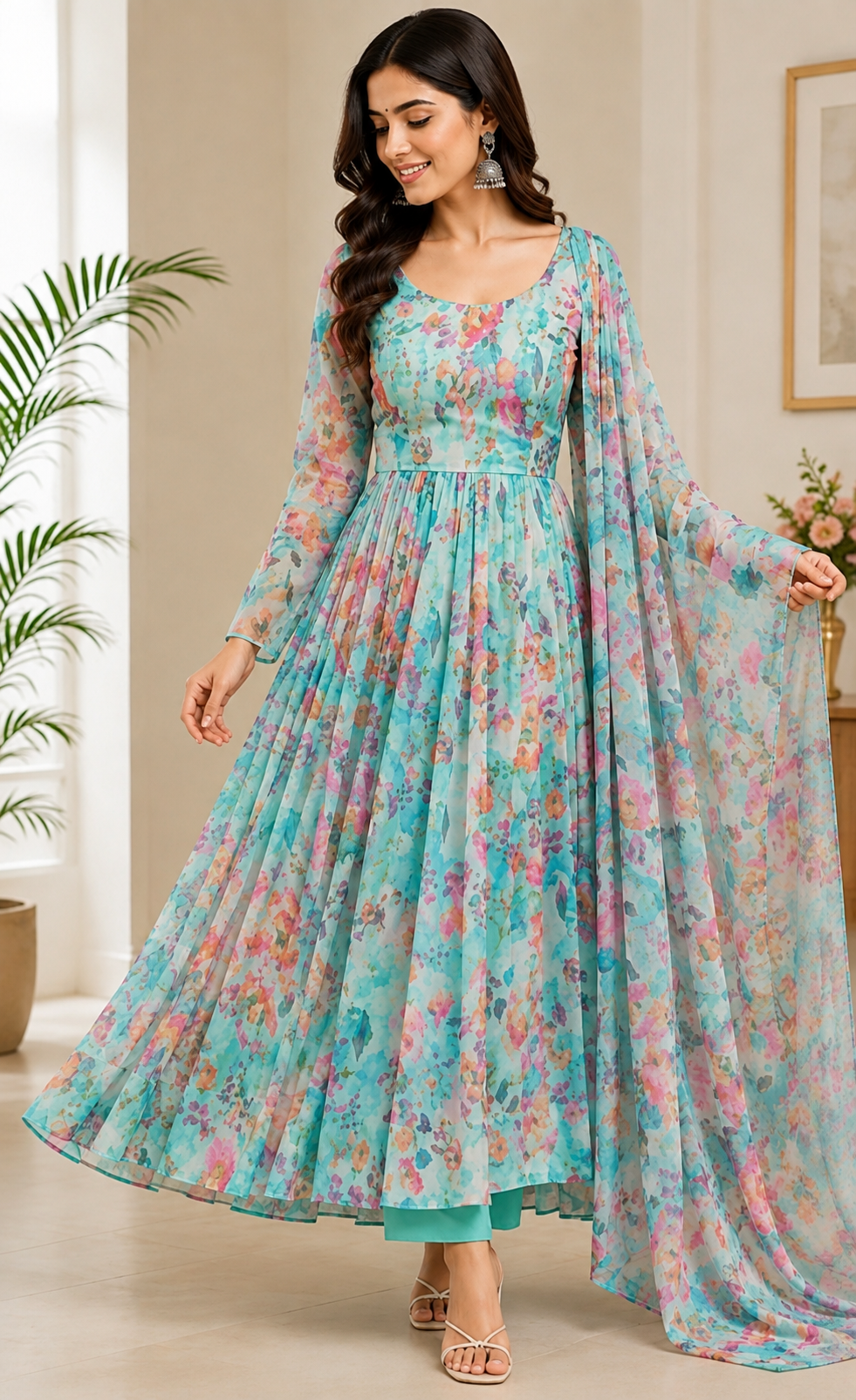 Aqua Blue Floral Printed Anarkali Suit with Dupatta