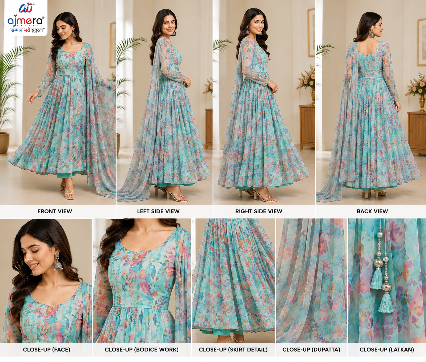 Aqua Blue Floral Printed Anarkali Suit with Dupatta - Image 2