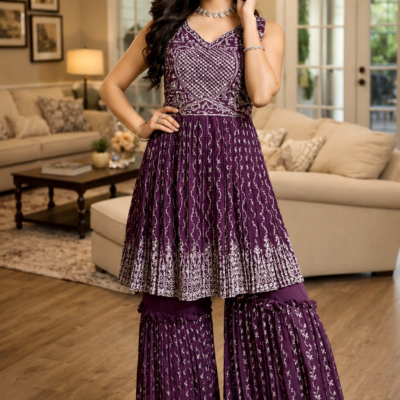 Plum Purple Embroidered Sharara Suit Set with Dupatta