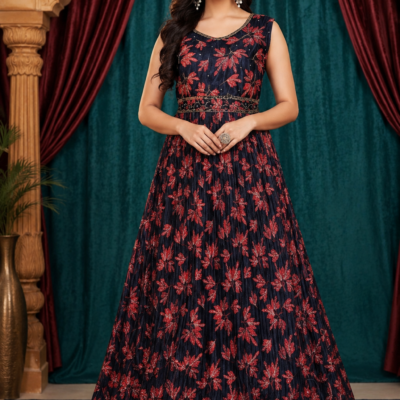 Navy Blue Floral Embroidered Anarkali Dress
