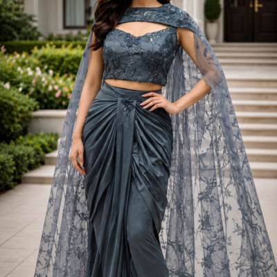 Slate Blue Grey Embroidered Saree with Sheer Floral Cape | Feeling Celebration
