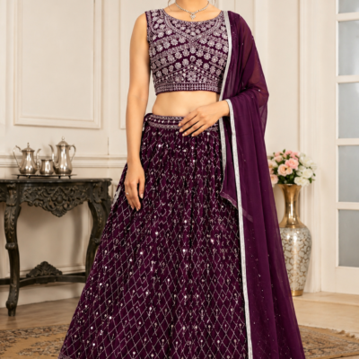 Plum Purple Embroidered Lehenga Choli with Dupatta
