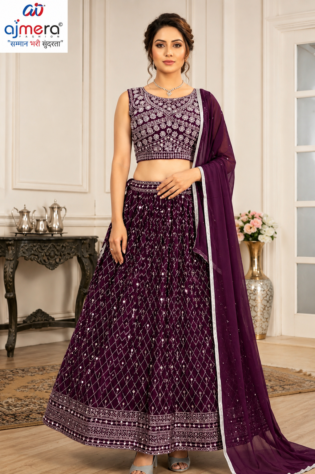 Plum Purple Embroidered Lehenga Choli with Dupatta