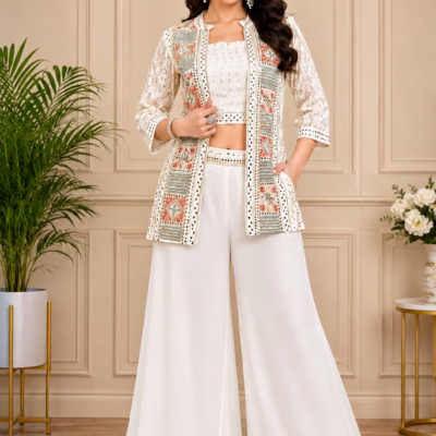 White Embroidered Ethnic Fusion Co-ord Set with Printed Jacket
