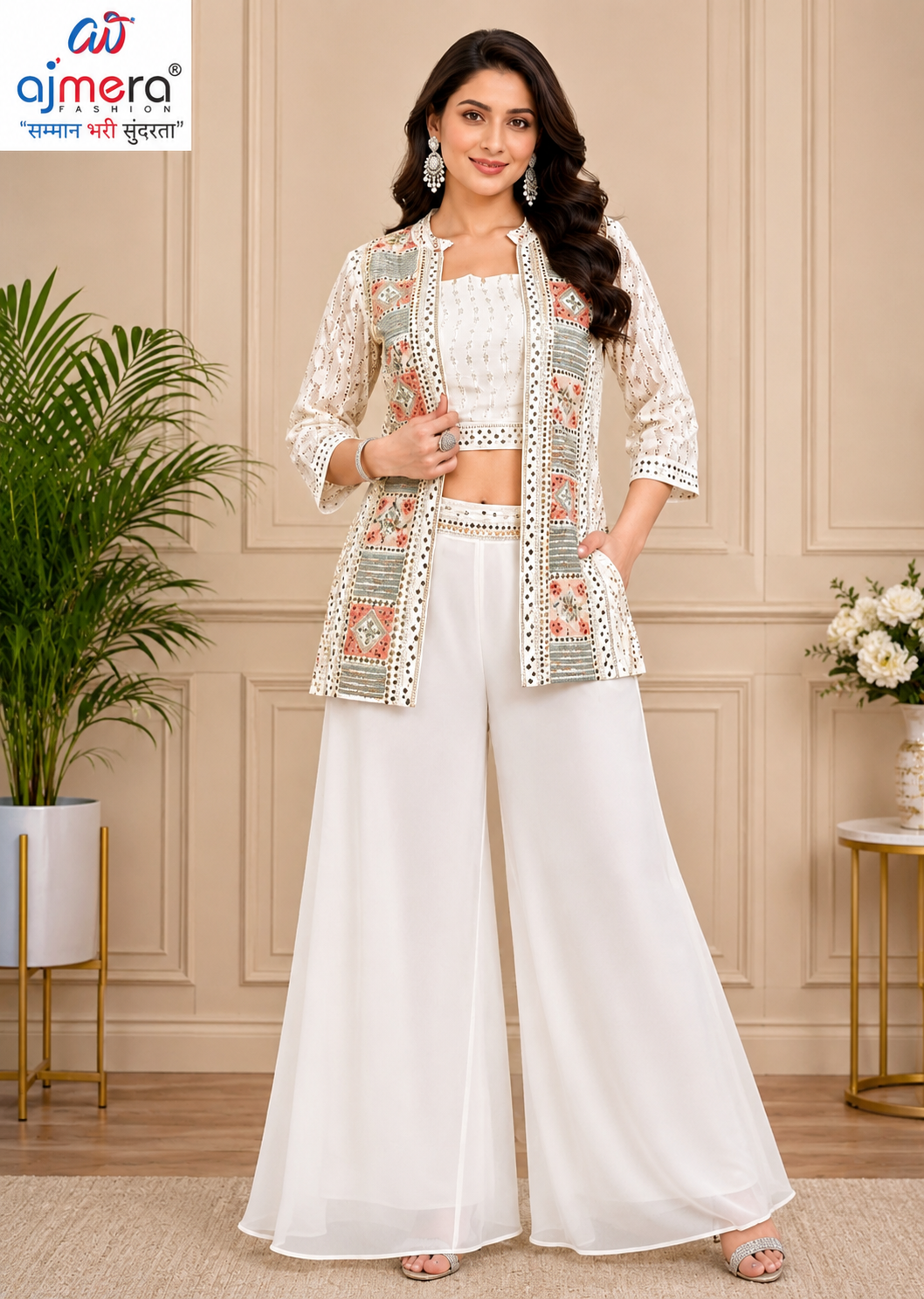 White Embroidered Ethnic Fusion Co-ord Set with Printed Jacket