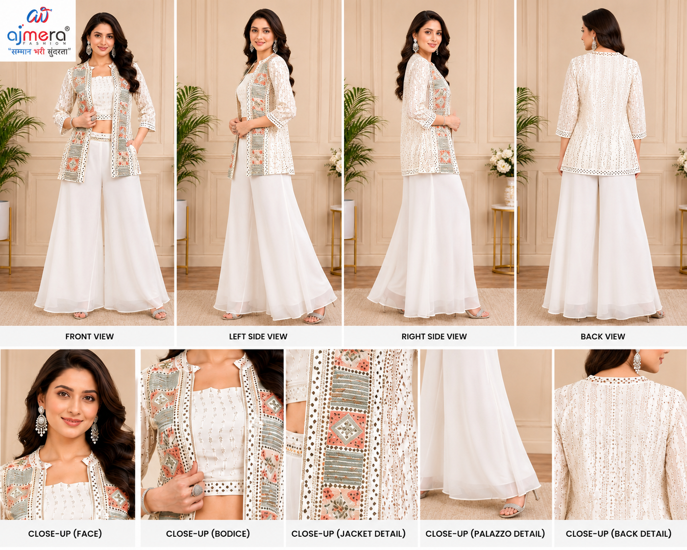 White Embroidered Ethnic Fusion Co-ord Set with Printed Jacket - Image 2