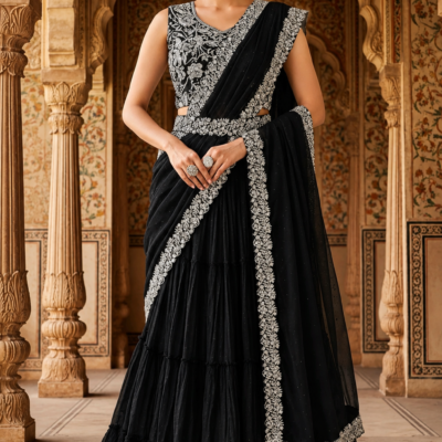 Black & Silver Embroidered Designer Saree Lehenga Set