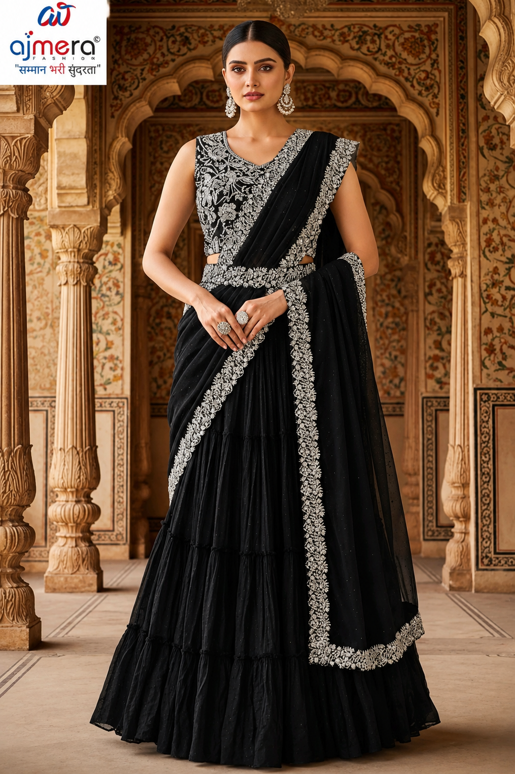 Black & Silver Embroidered Designer Saree Lehenga Set