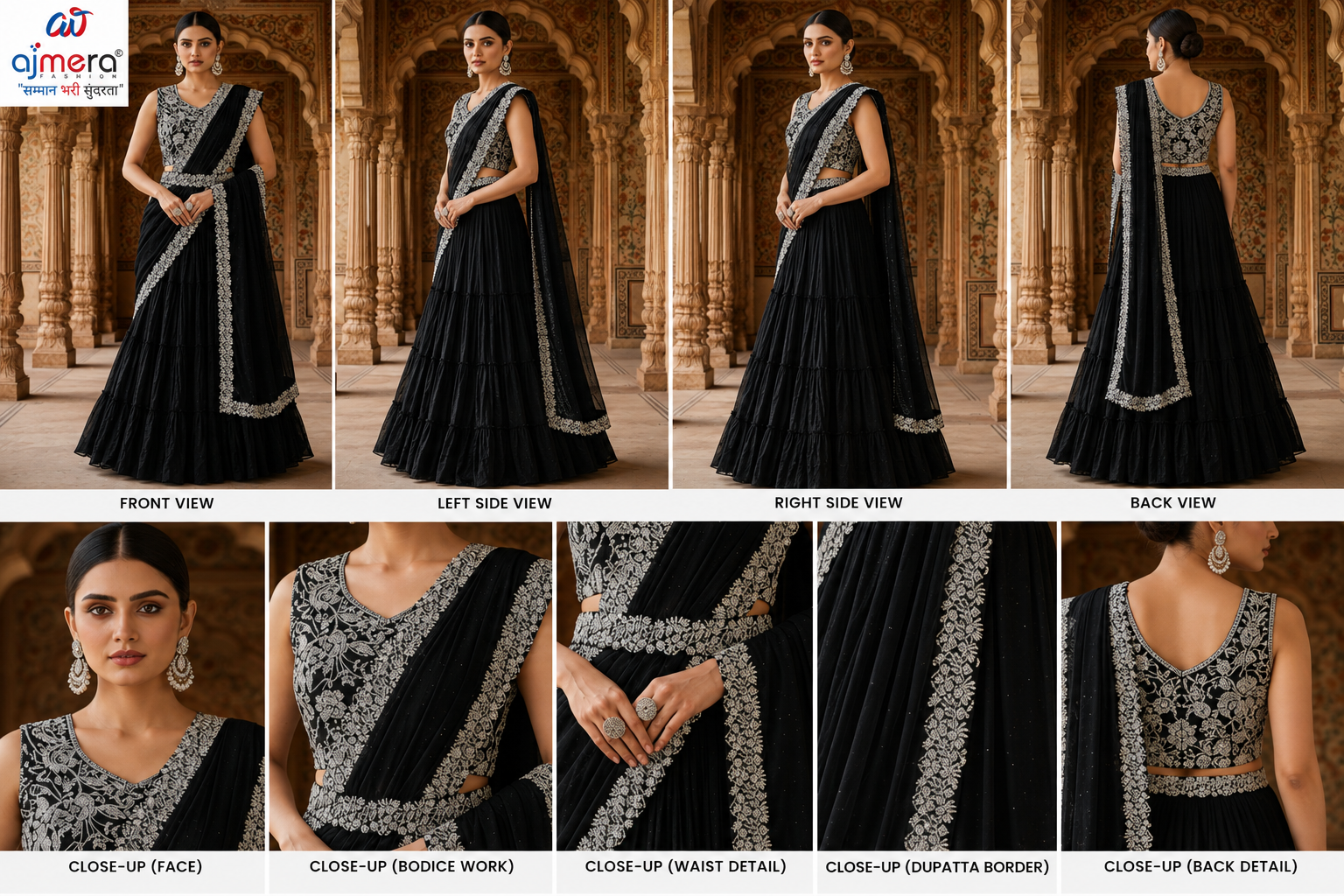 Black & Silver Embroidered Designer Saree Lehenga Set - Image 2