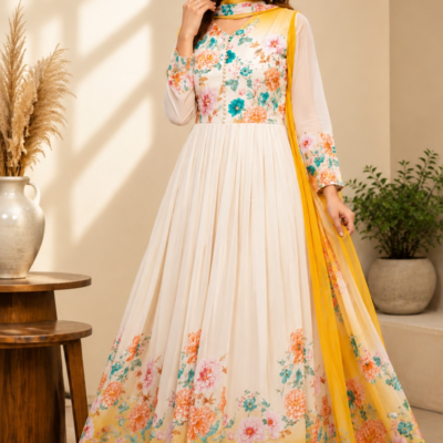 Cream & Yellow Floral Anarkali Suit with Dupatta