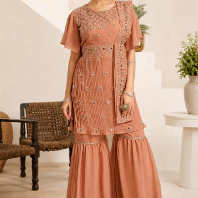 Peach Embroidered Sharara Suit Set with Dupatta