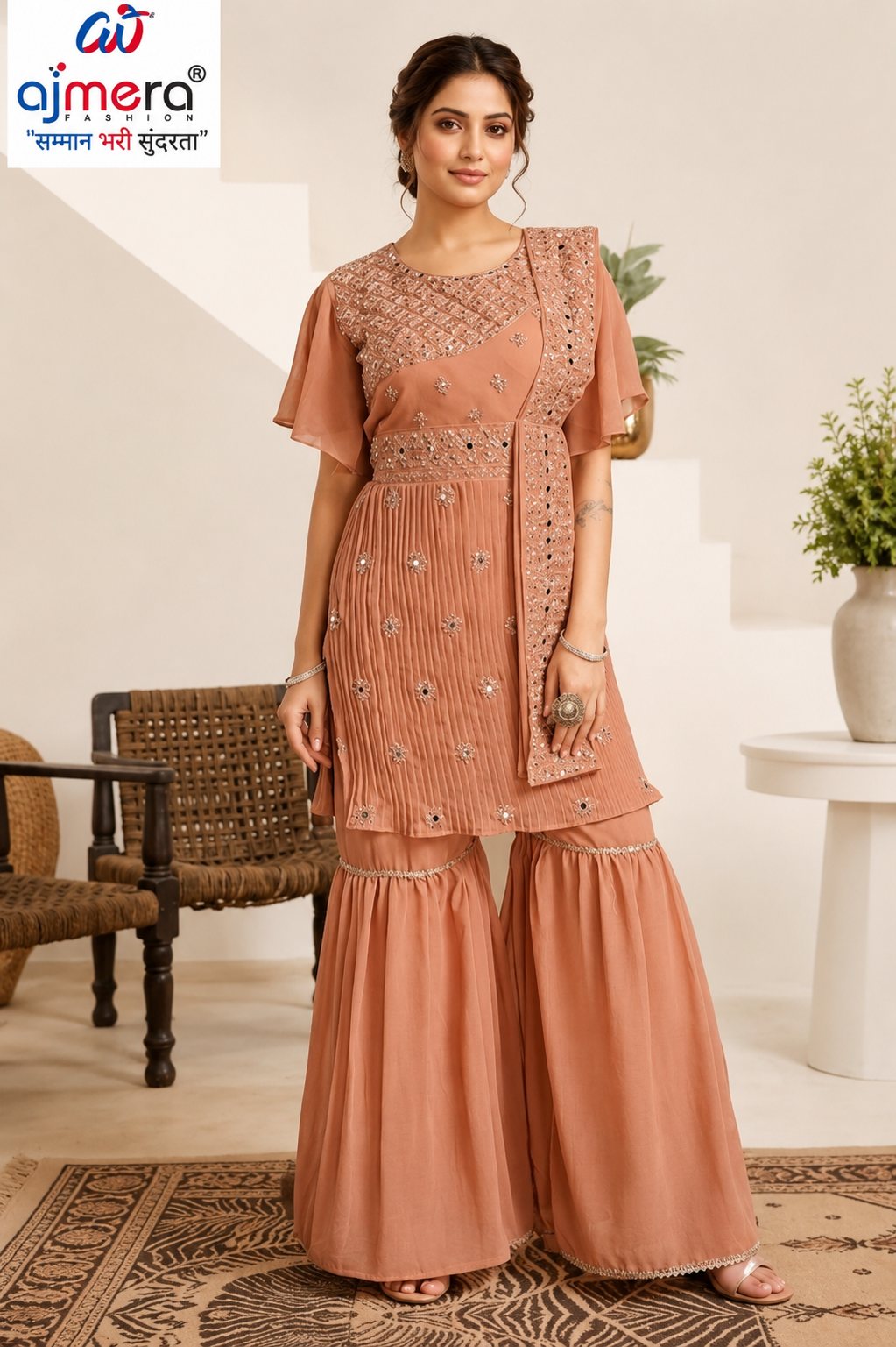 Peach Embroidered Sharara Suit Set with Dupatta