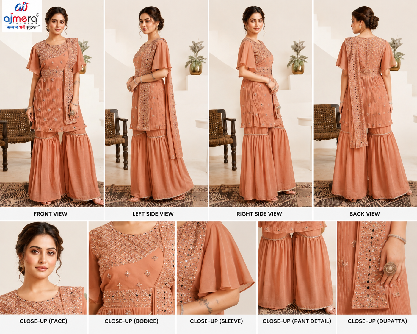 Peach Embroidered Sharara Suit Set with Dupatta - Image 2