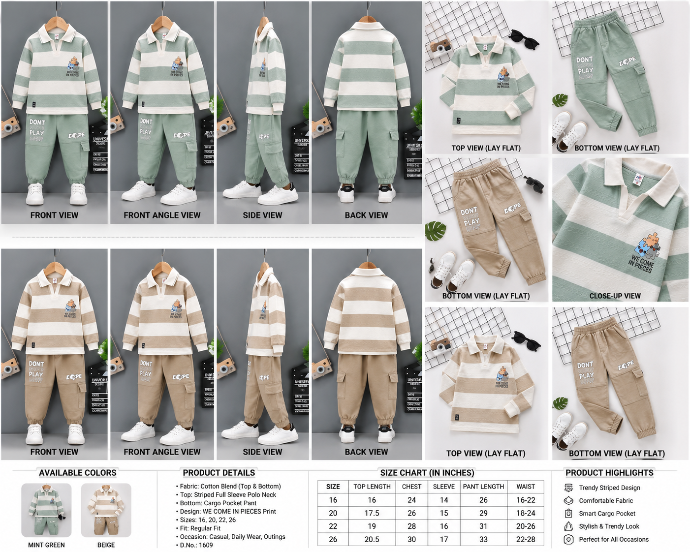 Boys Imported Striped Shirt & Cargo Pant Co-Ord Set – D.No. 1609 - Image 3