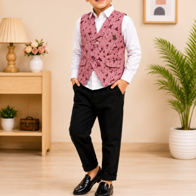 Boys Party Wear Printed Waistcoat Set with White Shirt & Black Trouser