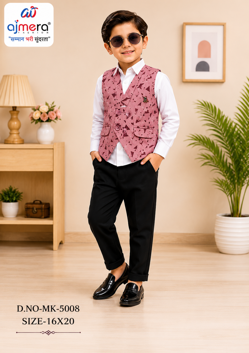 Boys Party Wear Printed Waistcoat Set with White Shirt & Black Trouser