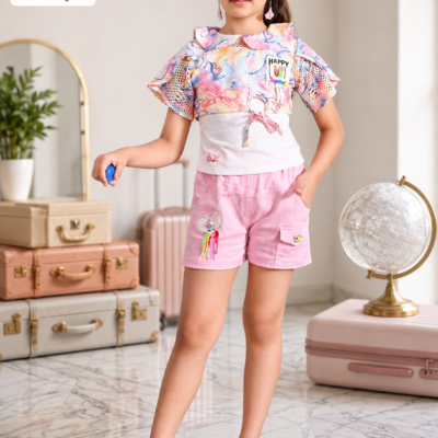 Girls Printed Ruffle Top & Pink Cargo Shorts Set – Ajmera Fashion